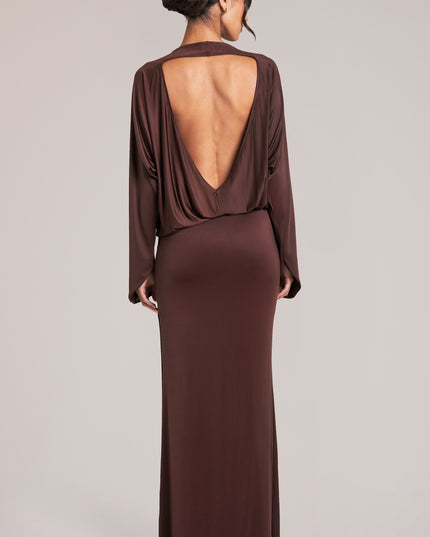 Chocolate Brown Long-Sleeve Draped Maxi Dress