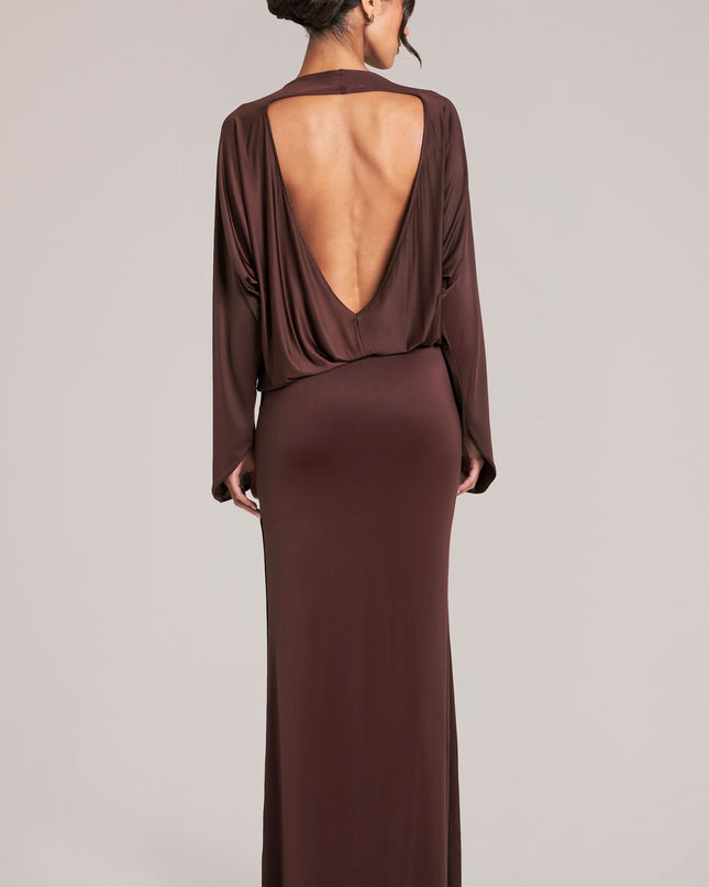 Chocolate Brown Long-Sleeve Draped Maxi Dress