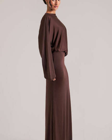 Chocolate Brown Long-Sleeve Draped Maxi Dress