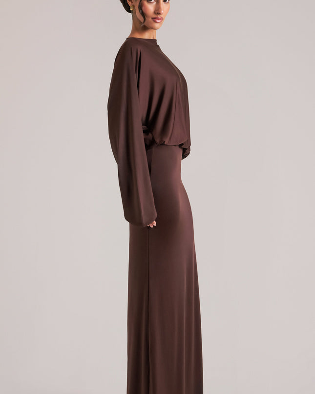 Chocolate Brown Long-Sleeve Draped Maxi Dress
