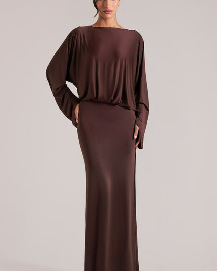 Chocolate Brown Long-Sleeve Draped Maxi Dress