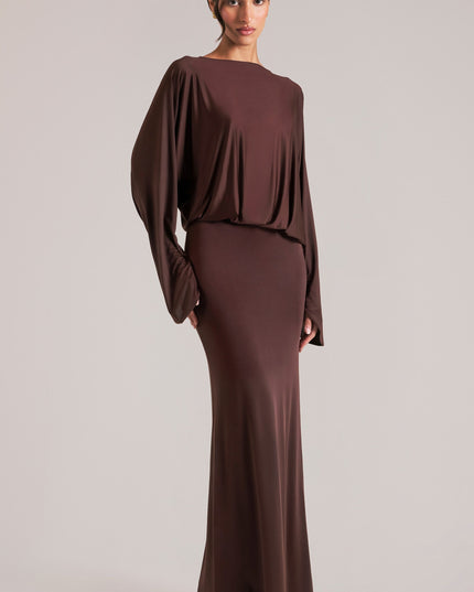 Chocolate Brown Long-Sleeve Draped Maxi Dress