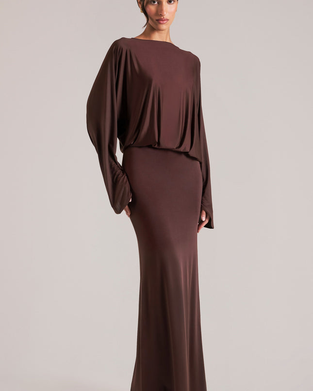 Chocolate Brown Long-Sleeve Draped Maxi Dress