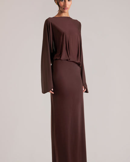 Chocolate Brown Long-Sleeve Draped Maxi Dress