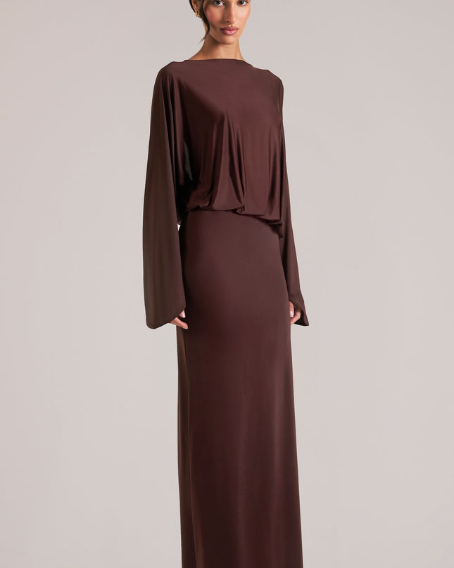 Chocolate Brown Long-Sleeve Draped Maxi Dress