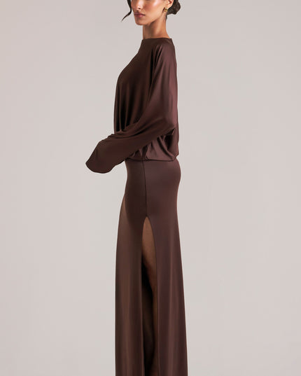 Chocolate Brown Long-Sleeve Draped Maxi Dress
