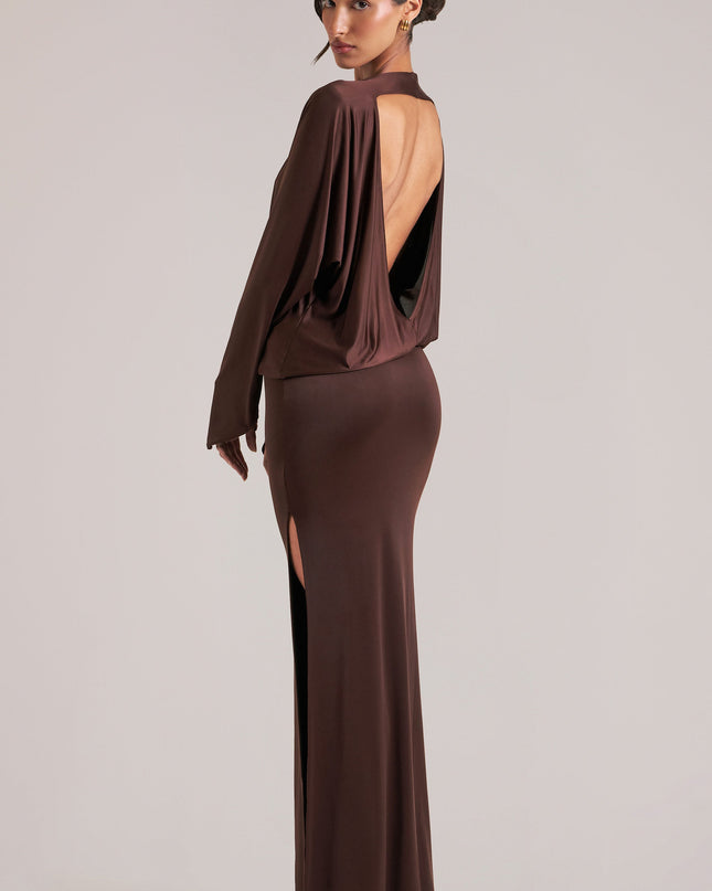 Chocolate Brown Long-Sleeve Draped Maxi Dress