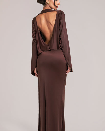 Chocolate Brown Long-Sleeve Draped Maxi Dress