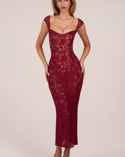 Wine Sweetheart-Neck Maxi Dress