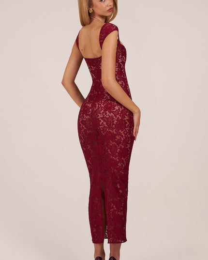 Wine Sweetheart-Neck Maxi Dress