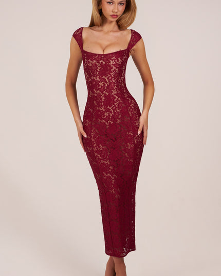 Wine Sweetheart-Neck Maxi Dress