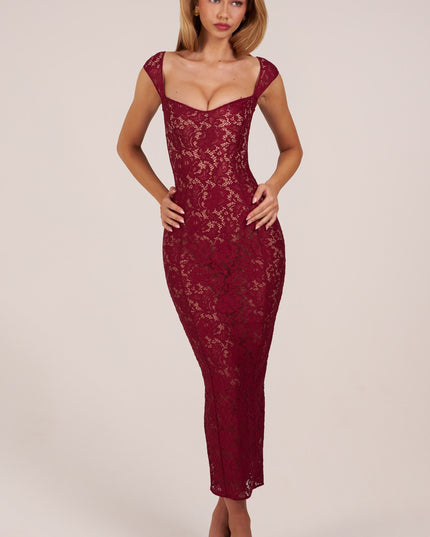 Wine Sweetheart-Neck Maxi Dress