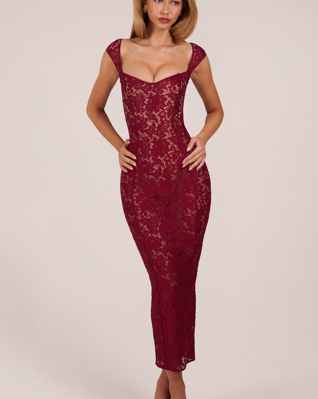Wine Sweetheart-Neck Maxi Dress