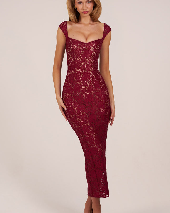 Wine Sweetheart-Neck Maxi Dress