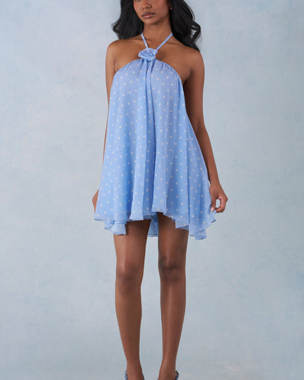 Blue Polka Dot Print Halterneck Babydoll Mini Dress