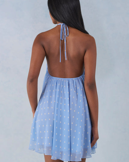Blue Polka Dot Print Halterneck Babydoll Mini Dress