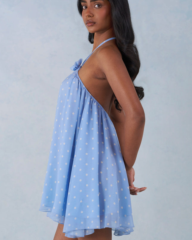 Blue Polka Dot Print Halterneck Babydoll Mini Dress