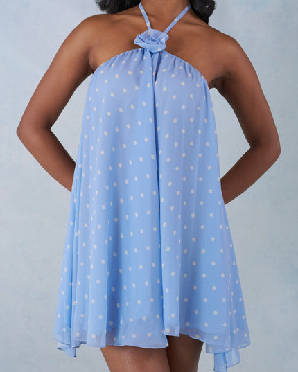 Blue Polka Dot Print Halterneck Babydoll Mini Dress