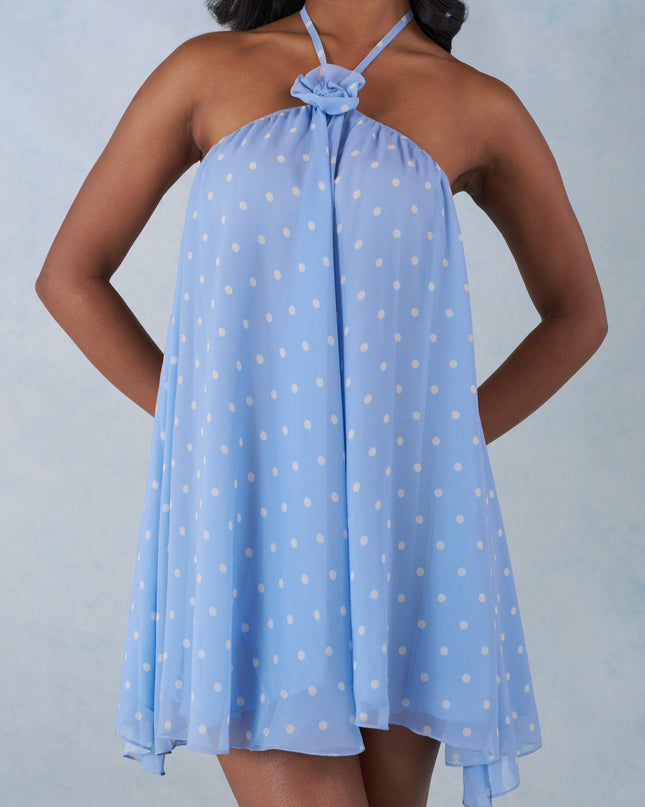 Blue Polka Dot Print Halterneck Babydoll Mini Dress