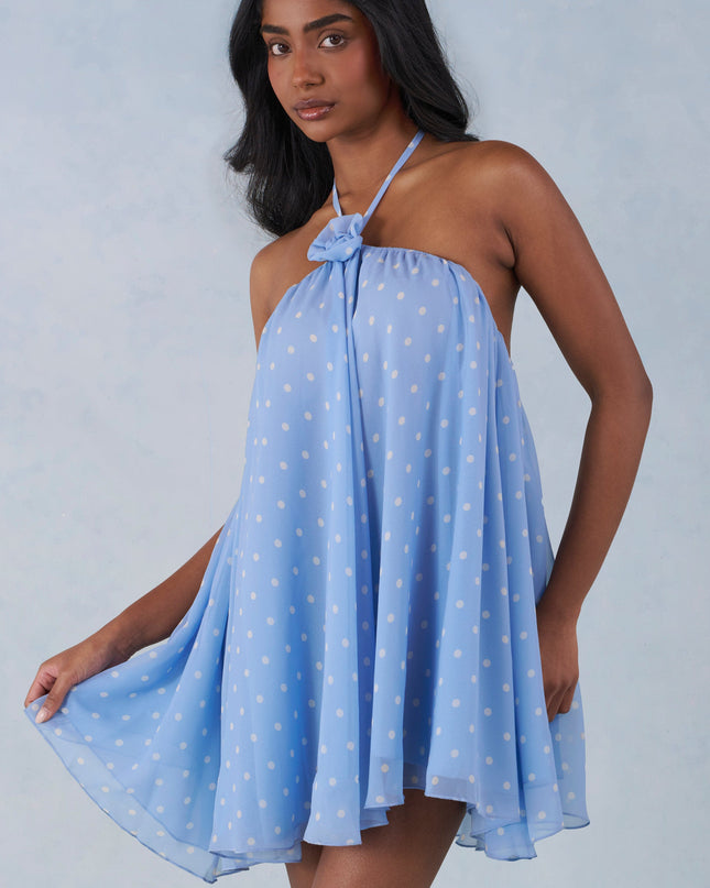 Blue Polka Dot Print Halterneck Babydoll Mini Dress