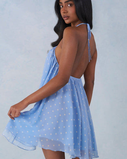 Blue Polka Dot Print Halterneck Babydoll Mini Dress