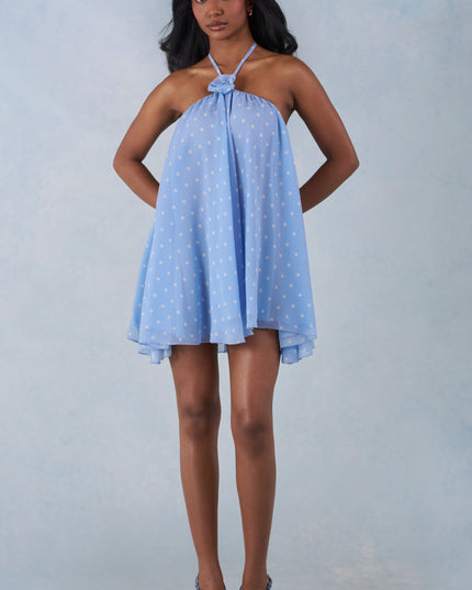 Blue Polka Dot Print Halterneck Babydoll Mini Dress