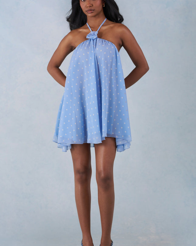 Blue Polka Dot Print Halterneck Babydoll Mini Dress