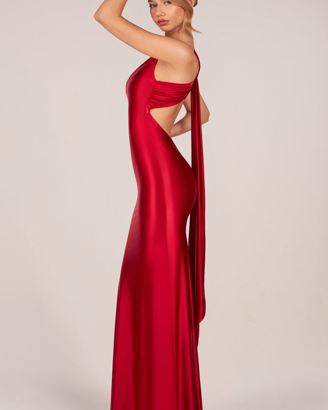 Cherry Asymmetric Tie-Back Gown
