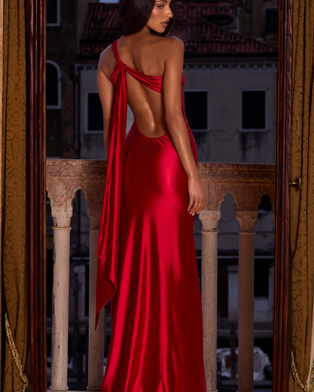 Cherry Asymmetric Tie-Back Gown