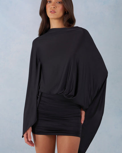 Black Draped Cape Mini Dress