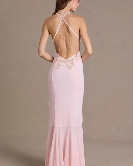 Baby Pink Chiffon Cowl-Neck Open-Back Gown