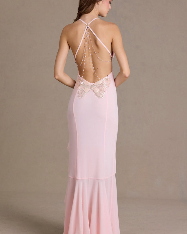 Baby Pink Chiffon Cowl-Neck Open-Back Gown