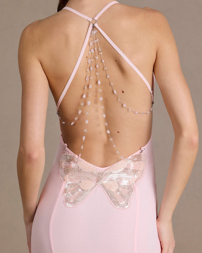 Baby Pink Chiffon Cowl-Neck Open-Back Gown
