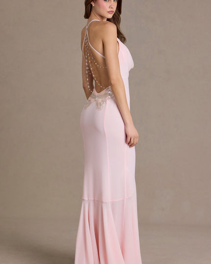 Baby Pink Chiffon Cowl-Neck Open-Back Gown