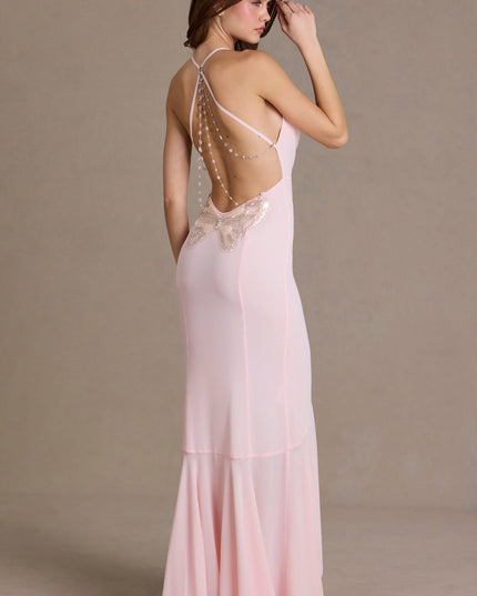Baby Pink Chiffon Cowl-Neck Open-Back Gown