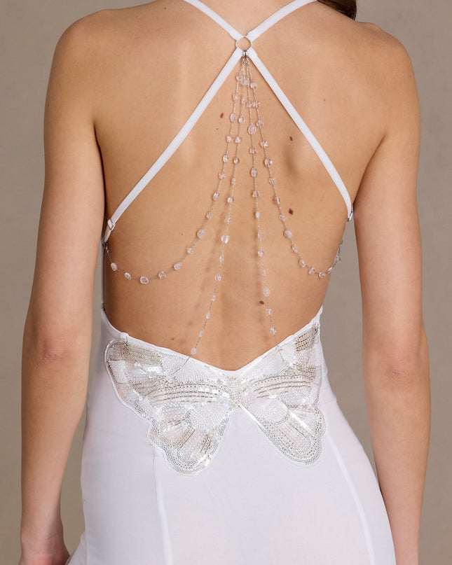 Snow Chiffon Cowl-Neck Open-Back Gown
