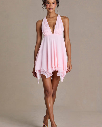 Blossom Chiffon Plunge-Neck Open-Back Mini Dress