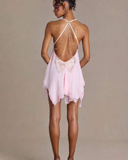 Blossom Chiffon Plunge-Neck Open-Back Mini Dress