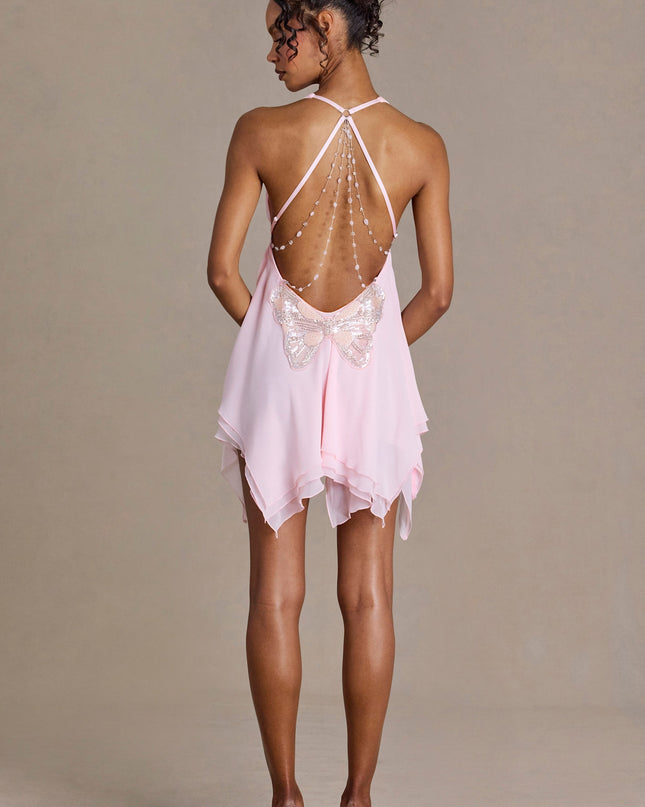 Blossom Chiffon Plunge-Neck Open-Back Mini Dress