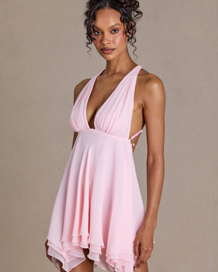 Blossom Chiffon Plunge-Neck Open-Back Mini Dress