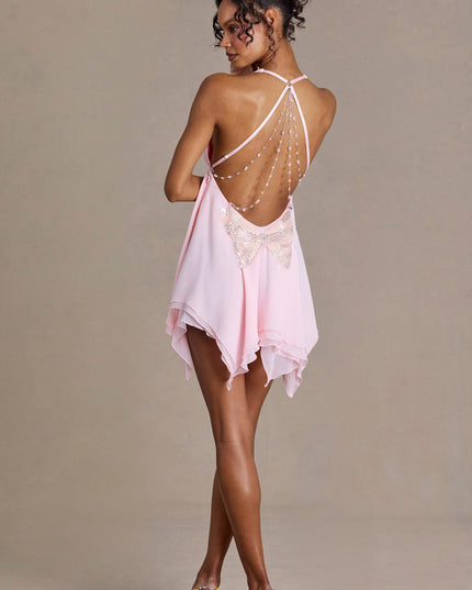 Blossom Chiffon Plunge-Neck Open-Back Mini Dress