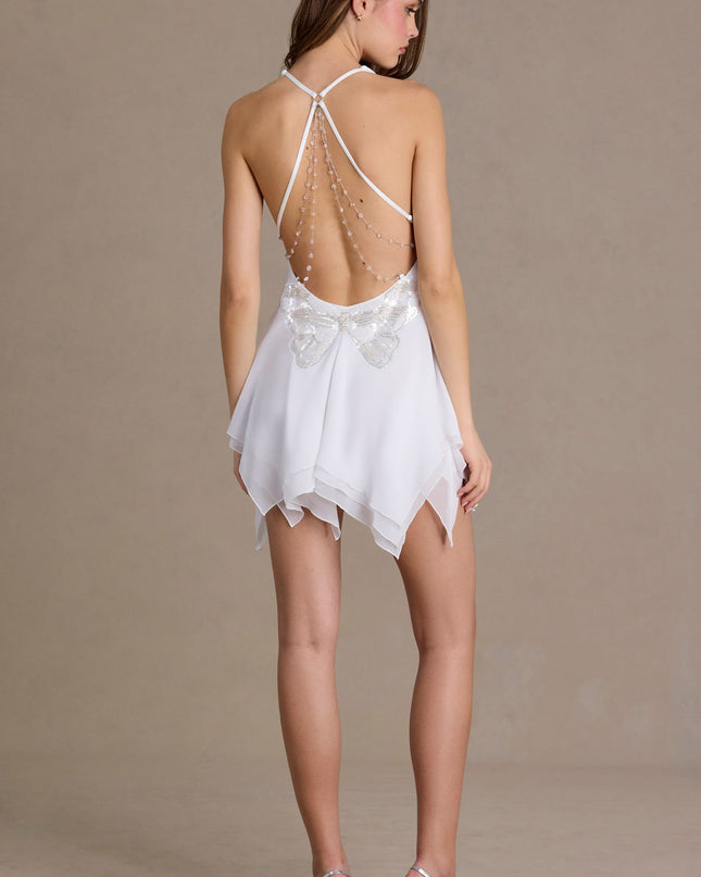 Snow Chiffon Plunge-Neck Open-Back Mini Dress