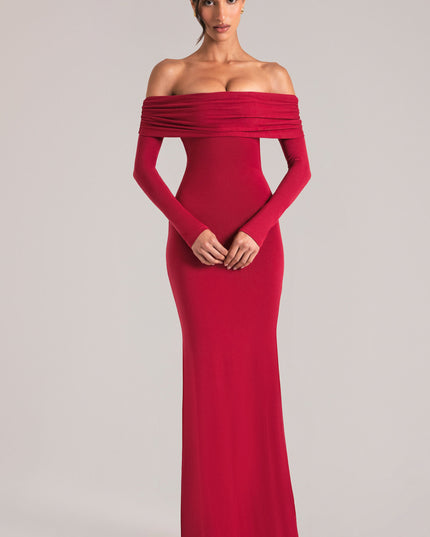 Cherry Red Off-Shoulder Long-Sleeve Maxi Dress