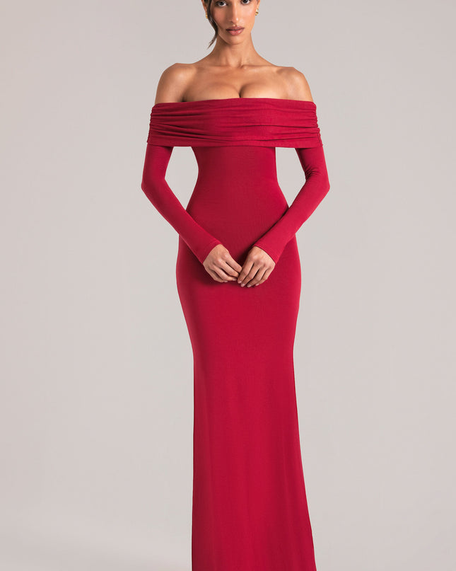 Cherry Red Off-Shoulder Long-Sleeve Maxi Dress
