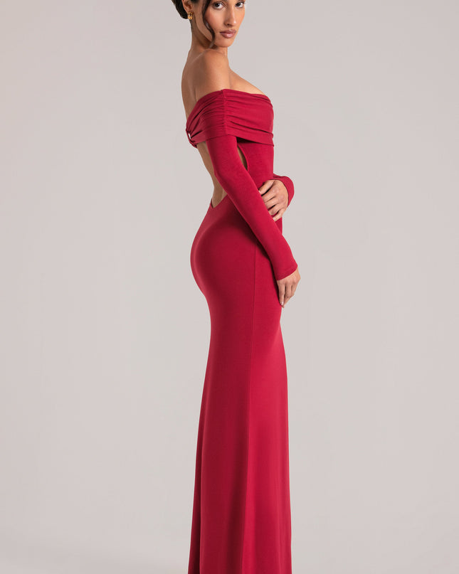 Cherry Red Off-Shoulder Long-Sleeve Maxi Dress