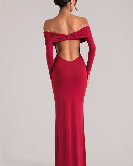 Cherry Red Off-Shoulder Long-Sleeve Maxi Dress