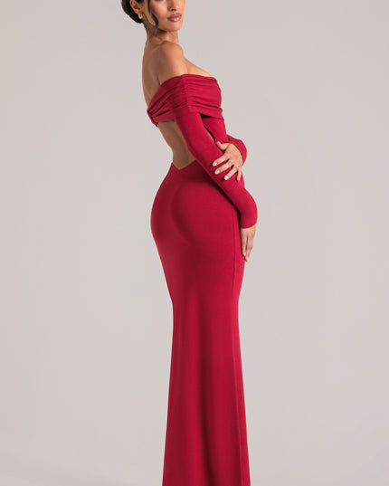 Cherry Red Off-Shoulder Long-Sleeve Maxi Dress