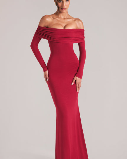 Cherry Red Off-Shoulder Long-Sleeve Maxi Dress