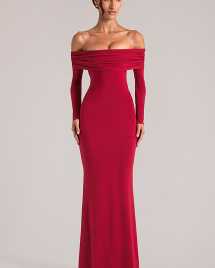 Cherry Red Off-Shoulder Long-Sleeve Maxi Dress