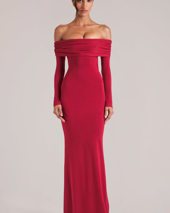 Cherry Red Off-Shoulder Long-Sleeve Maxi Dress
